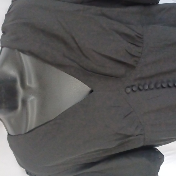 JJ’s House Formal V-nech A-line Chiffon Black Midi Dress with Puff Sleeves - Picture 6 of 9